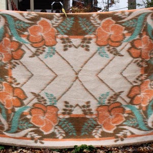 Wool blanket, vintage brown wool blanket with flowers, retro woolen blanket, blanket on coat, plaid blanket, wool bedspread made in USSR.