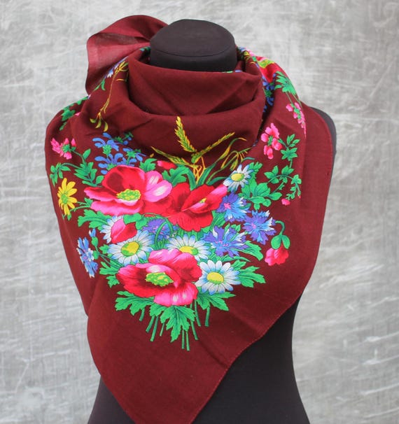 Burgundy Floral Headscarf, Ukrainian Slavic Folk Shawl - Etsy display picture 1
