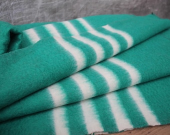 Peut inclure: Une couverture pliée de couleur vert d'eau avec des rayures blanches. La couverture est faite d'une matière douce et texturée. Les rayures sont espacées uniformément et traversent la largeur de la couverture.