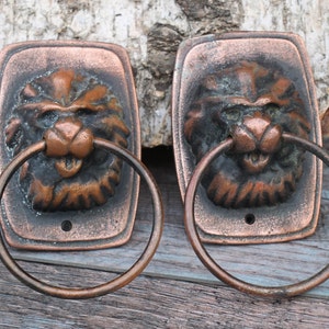 May include: Two antique copper lion head door knockers with ring pulls. The lion heads are detailed with textured fur and have a distressed finish.