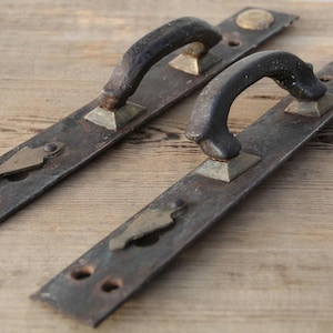 Antique Industrial Door Handles - Set of 2 , Heavy Duty Wrought Iron & Brass Pulls , Rustic Farmhouse Hardware