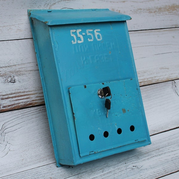 Wall mount mailbox, briefkasten vintage, blue antique mail box, retro wall mounted letter-box, soviet old post box outdoor made in USSR.