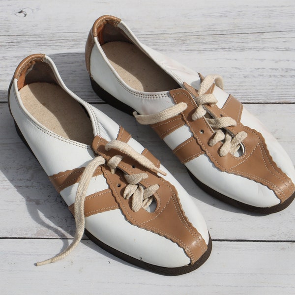 Nuevas zapatillas vintage de cuero para mujer talla EE. UU. 6.5 - 7.5, zapatillas para correr soviéticas de color marrón blanco, zapatillas boho hippie, zapatos de mujer, estilo vintage
