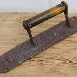 Antique Industrial Door Pull – Bakelite Handle  Hand-Forged Iron Backplate