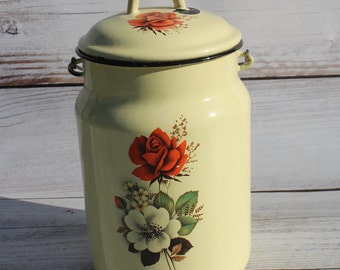 Enamel pitcher, milk can, vintage enamelware canister for farmhouse decor, metal milk can, tin watering can, antique milk jug made in USSR.