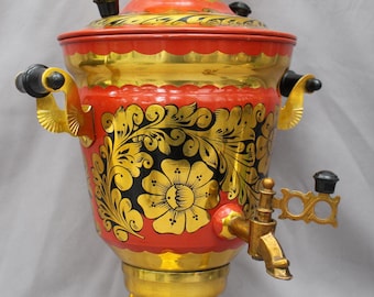 Vintage Khokhloma Samovar, Russian Folk Art Tea Kettle, USSR Decor