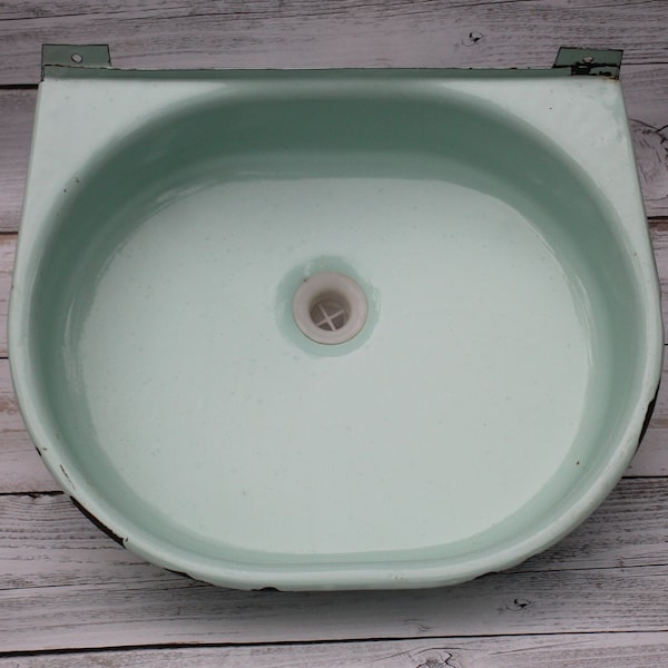 Vintage Enamelware Wall Mount Sink, Light Green Farmhouse Sink, Salvaged Bathroom Decor