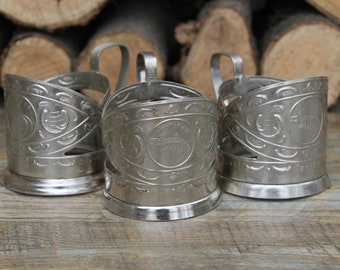 Vintage Ukrainian Podstakannik Set, Embossed Metal Tea Cup Holders, USSR 1970s