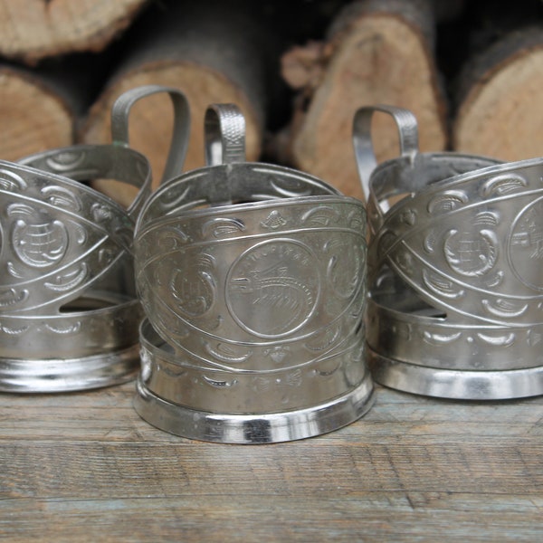 Vintage Ukrainian Podstakannik Set, Embossed Metal Tea Cup Holders, USSR 1970s