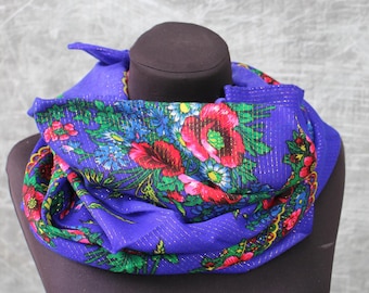 Ukrainian Floral Headscarf, Blue Slavic Folk Shawl