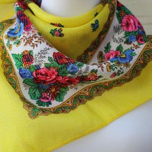 Ukraine folk yellow headscarf,shawl flowers,square scarf Slavic style,Ethnic Folk Shawl,kerchief slavic,folkscarf,handkerchief with flowers.