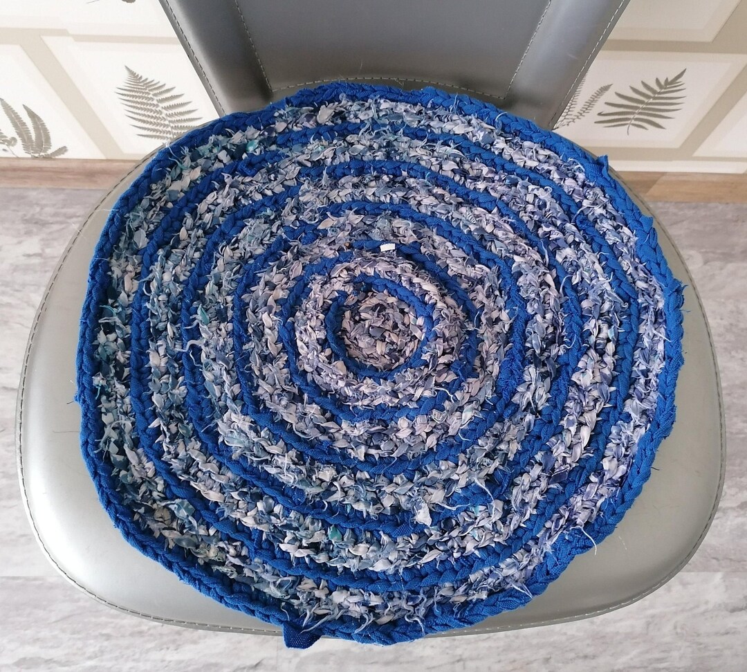 Handmade Round Chair Pads, Colorful Carpet, Blue Round Hooked Rug for ...
