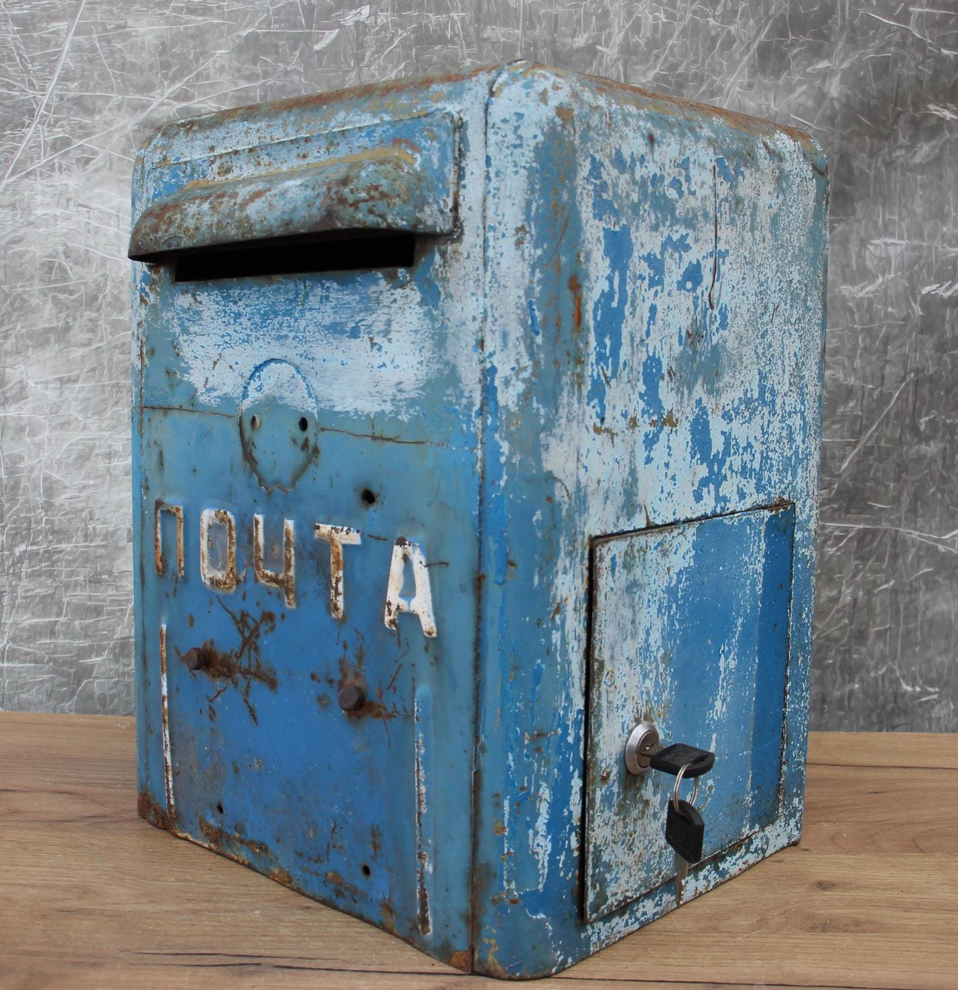 Vintage Blue Metal Mailbox, Soviet Wall Mount Letter Box, 1960s