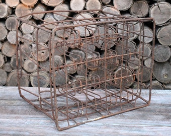 Vintage USSR Metal Milk Crate, Farmhouse Firewood Storage, 1970s