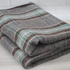 May include: Folded gray blanket with teal, brown, and white stripes. The blanket has a dark brown border and is made of a soft, textured material. The blanket is folded neatly, showing the pattern.