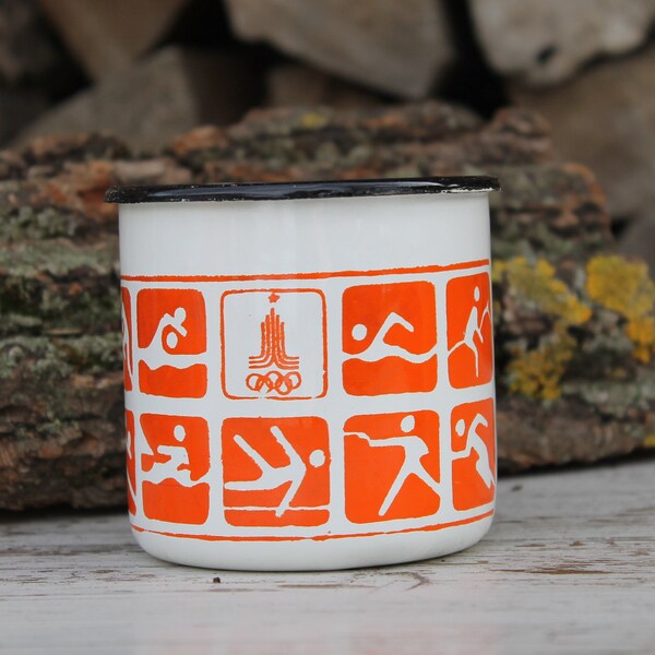NEW Soviet enamel mug, retro camping mug, enameled mug Olympiad 80 Moscow, metal travel mug made in the USSR in 1980.