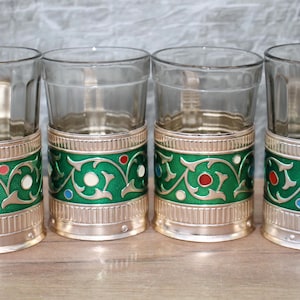 4 set podstakannik,soviet glass green holder kitchen decor,tea glass holder,russian tea glass holder,metal cup holder USSR,russian tea set.