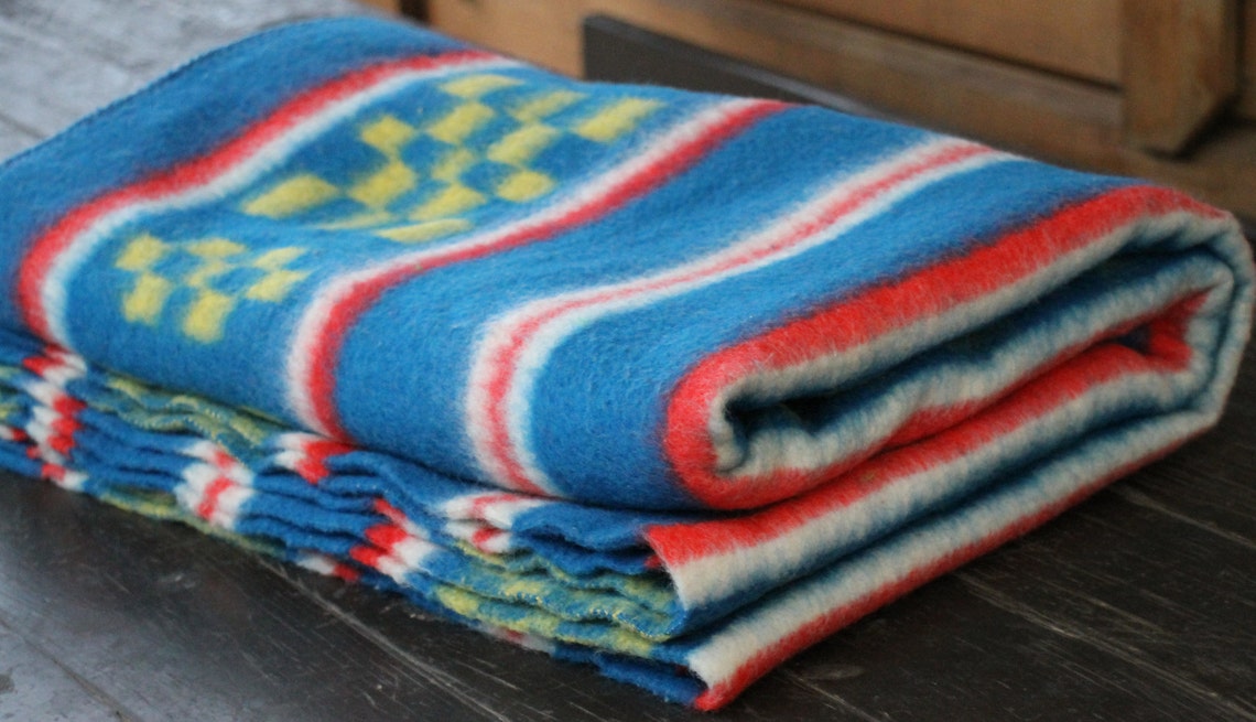 Wool blanket vintage natural wool blanket blue russian | Etsy