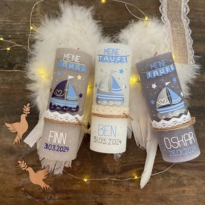 Baptismal candle with *free candle plate* in light grey, lavender grey or white rustic with Jesus in a boat