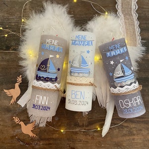 Baptism candle with *free candle plate* in light grey, lavender grey or white rustic with Jesus in a boat