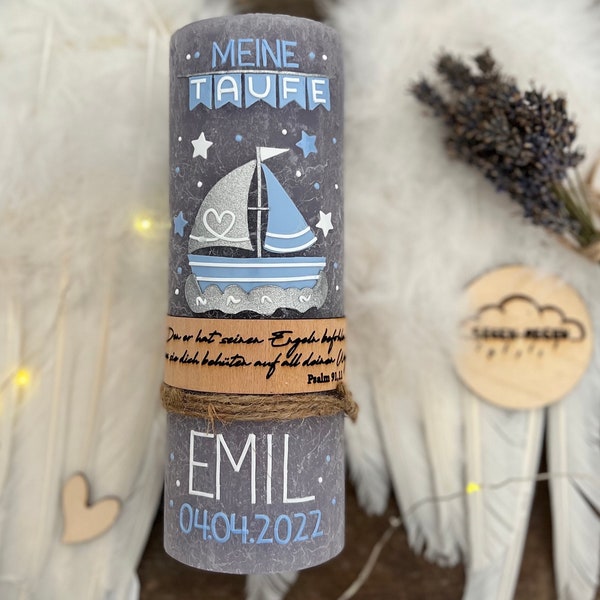 Baptismal candle "With Jesus in a boat", lavender gray or white rustic with baptismal motto on wood veneer and matching cake topper