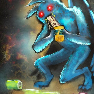 May include: A blue, furry creature with red eyes and wings, holding a yellow container and a slice of pizza. A green can and spilled liquid are on the ground. The artwork has a dark, textured background with the "Mistica Ink" logo.