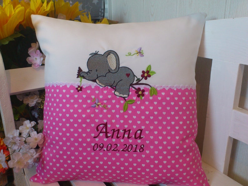 Pillow with wish name pink elephant hearts image 1