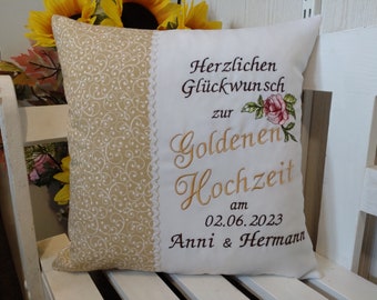 Golden wedding anniversary cushion beige tendrils