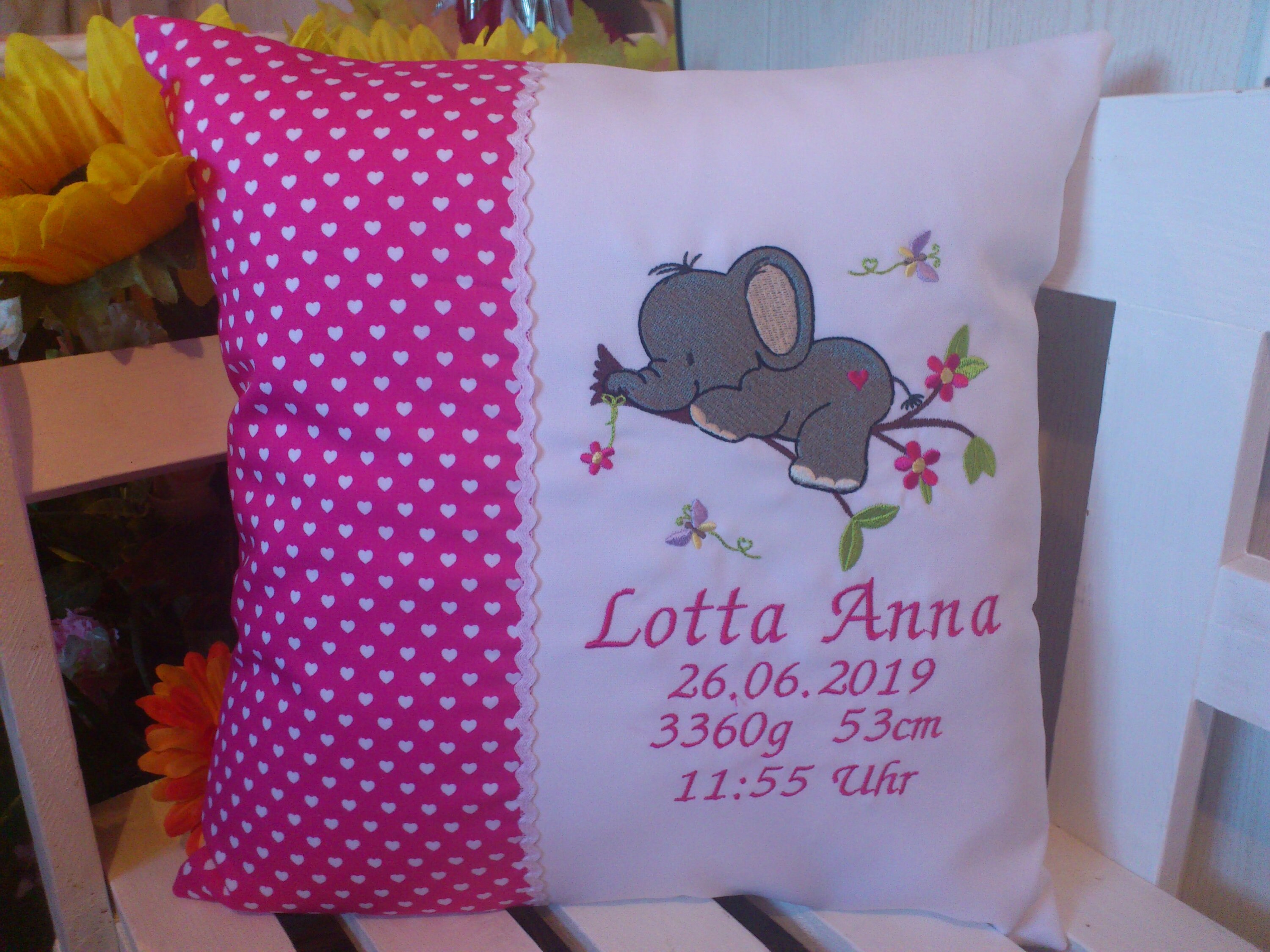Almohada para nacimiento, bautizo (elefante 1 estrella rosa)