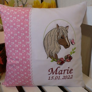 Pillow for birth, baptism (horse head pink stars appli)