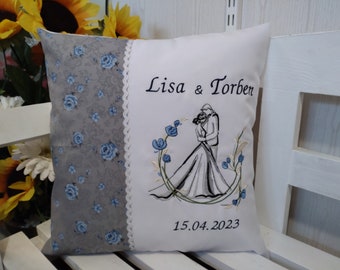 Blue rose wedding pillow