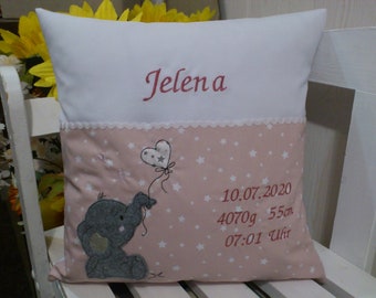 Pillow for birth, baptism (elephant old pink stars appliqué)