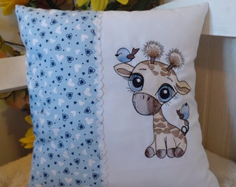 Pillow for birth, baptism (giraffe / blue hearts)