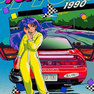 Könnte beinhalten: Eine lebendige Illustration einer Frau in einem gelben Overall, die neben einem roten Honda NSX Sportwagen steht. Das Auto hat einen schwarz-weißen karierten Rennstreifen und einen Aufkleber mit der Aufschrift "VOI TOKI" in Japanisch. Der Hintergrund ist eine blaue und grüne Landschaft mit einem karierten Flaggenmuster.