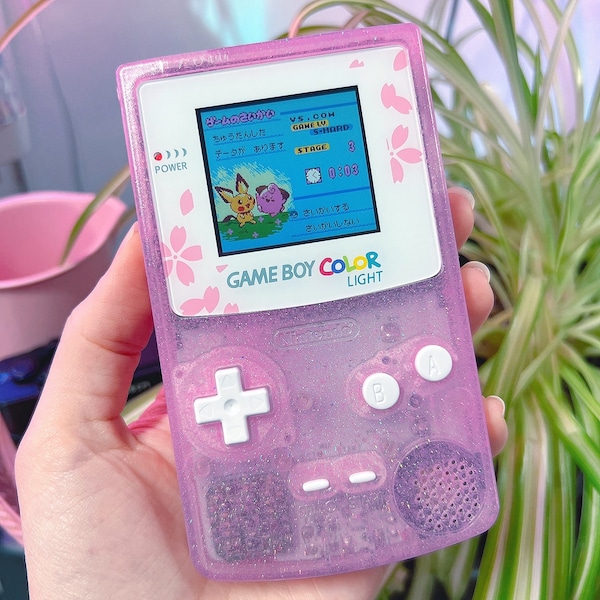 Gameboy Color LIGHT clear pink Sakura with holographic glitter + Game