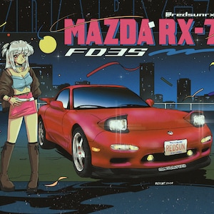 May include: A retro-style illustration featuring a red Mazda RX-7 FD3S car and an anime character. The image includes the text "MAZDA RX-7 FD3S" in pink and white. The background depicts a night cityscape with a vintage aesthetic.