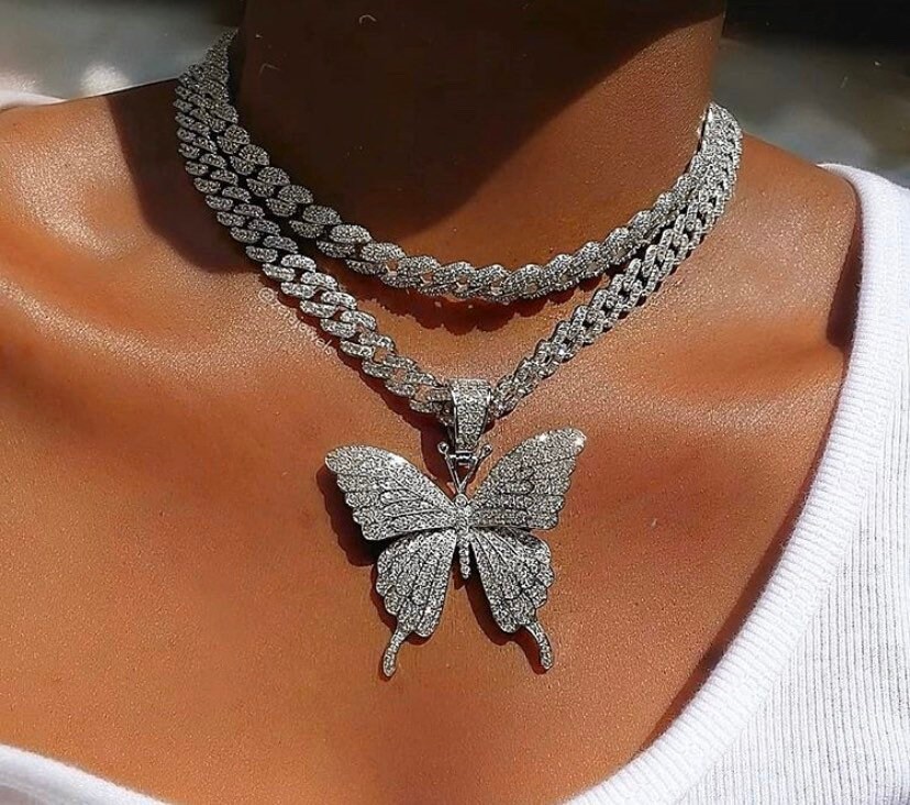 Butterfly Cuban Choker Chain Necklace Blinged Iced Cuban
