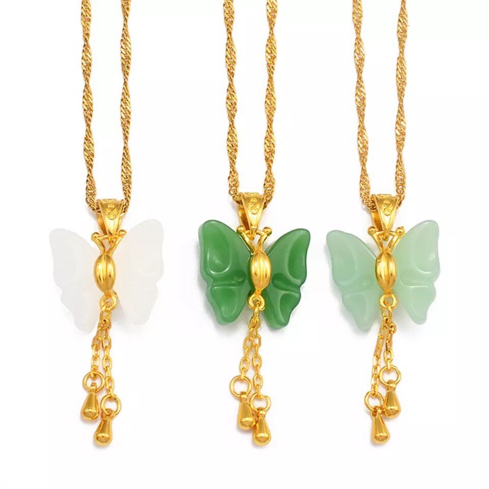 Sale 18k Gold Plated Butterfly Jade Necklaces Butterfly Etsy