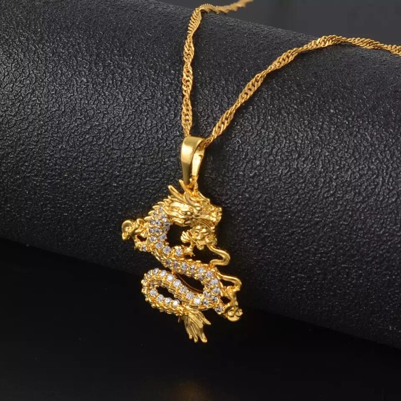 SALE Dragon necklace  18k gold plated dragon pendant  dragon Thin wave chain