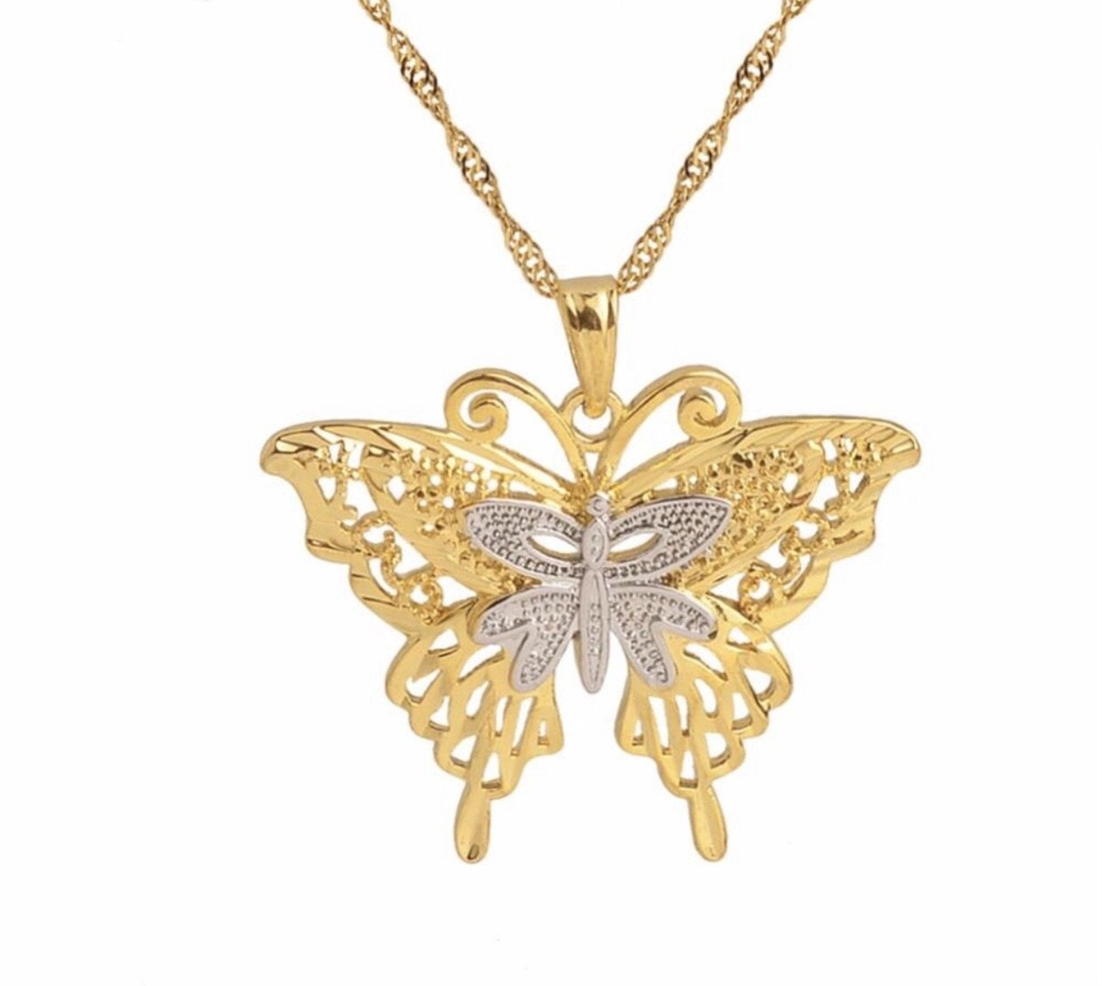 Butterfly Necklace 18k Gold Plated Two Tone Butterfly Etsy