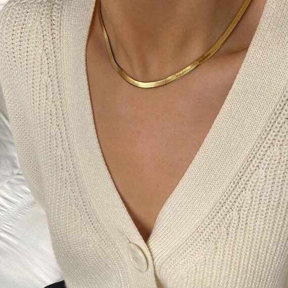 18k Gold Snake Chain Necklace, Choker Herringbone Necklace, Flat Snake Chain Necklace,
