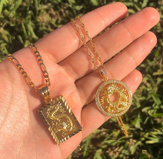 2 Piece SET Dragon Necklace 18k Gold Plated Dragon Pendant 