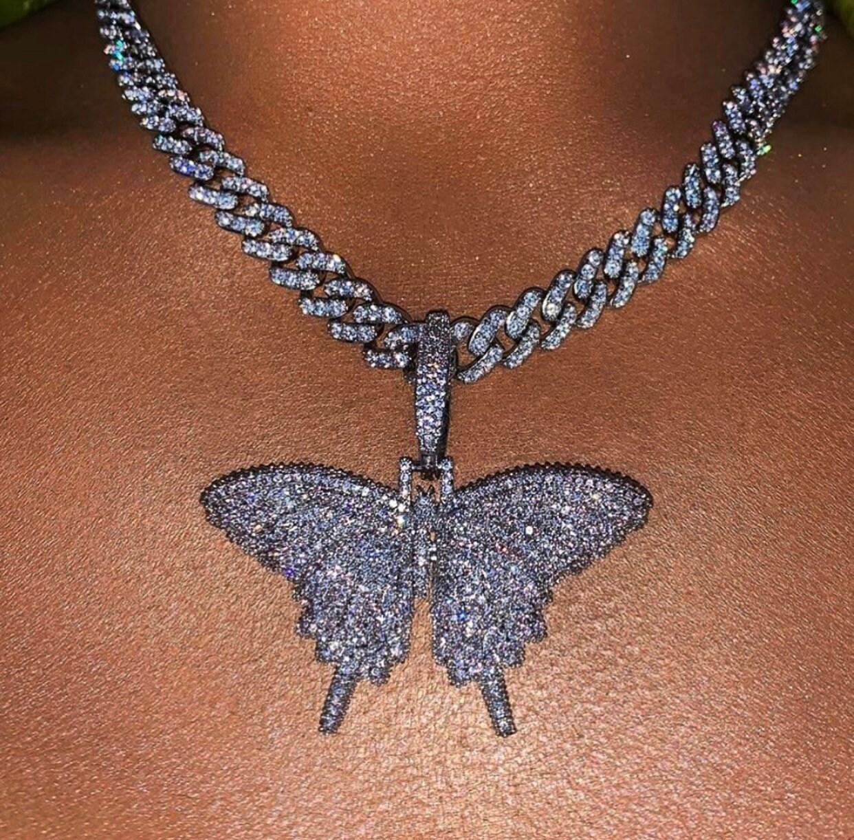 Cuban Butterfly Choker Chain butterfly Cuban Necklace Pink