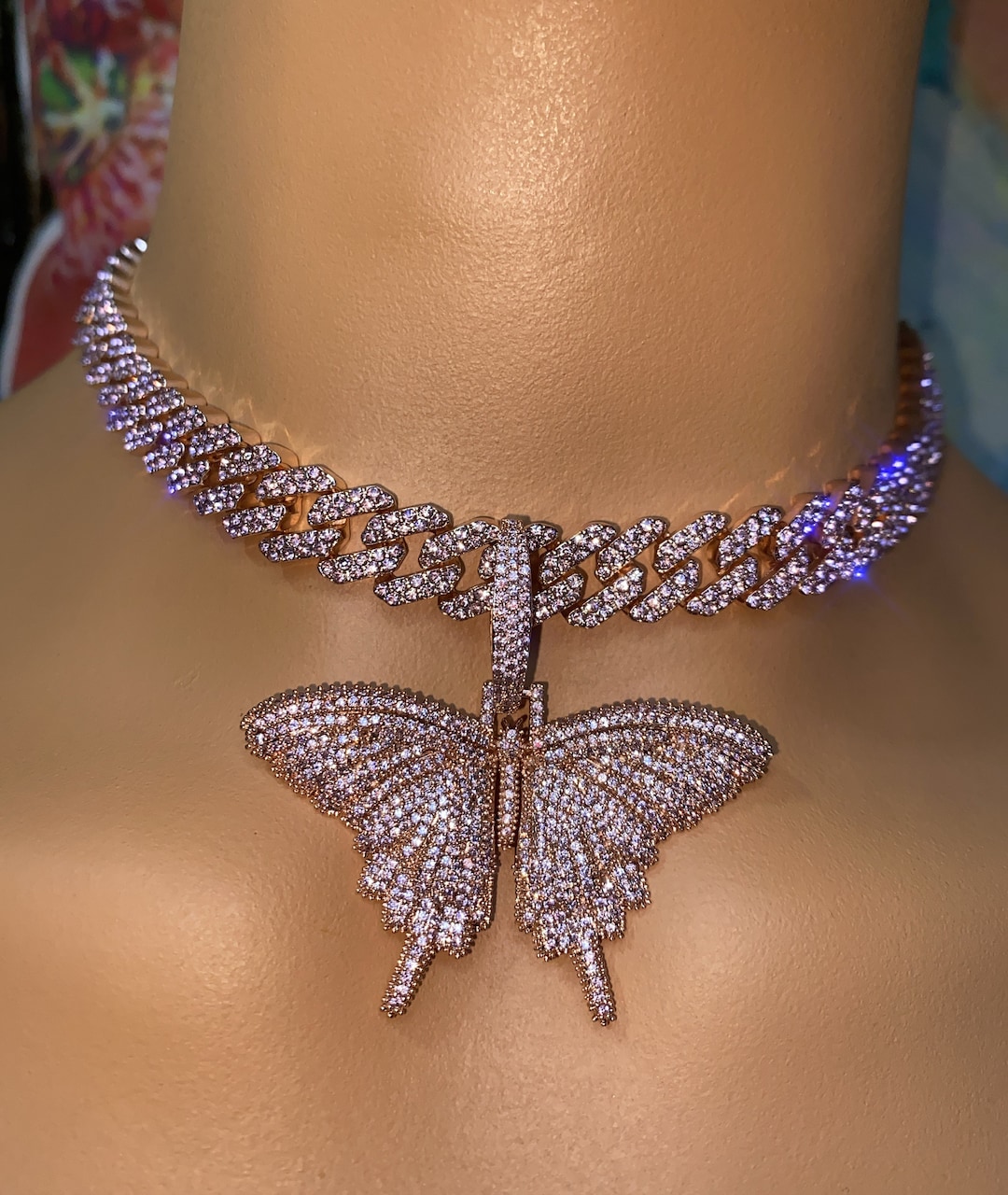 Pink Butterfly Cuban Choker Chain Necklace Blinged Iced Cuban Butterfly Necklace Micro Paved 12mm S link Miami Cuban Necklaces Etsy UK
