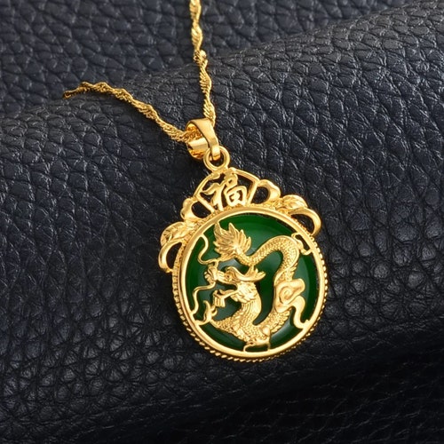 Jade Dragon Pendant Necklace 18k Gold 
