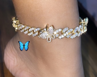 MANBU Rhinestone Tennis Butterfly Anklet Ankle Jewelry for Girls Teens Women Women Summer Beach Adjustable Anklet Bracelet