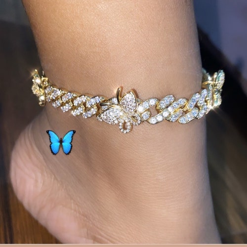 Pink Cuban Butterfly Anklet Butterfly Cuban Anklet iced Out | Etsy