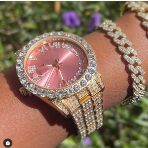2 Piece SET , Silver Pink Watch , Blue Pink Watch , Cuban Bracelet,9mm ...