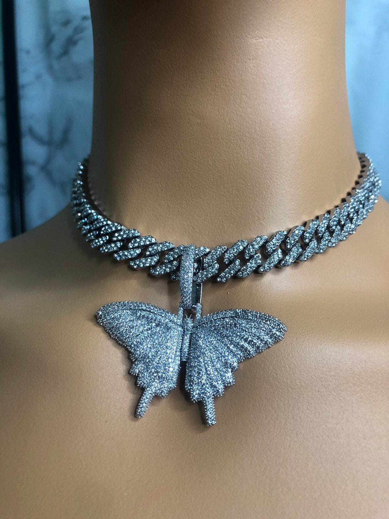 Sanfenly Cuban Link Chain Jewelry Set Bling Rhinestone Butterfly