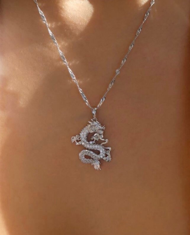 SILVER Dragon necklace , 18k gold plated dragon pendant , dragon char…